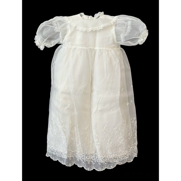 Vtg Phyllis Baby Wear Christening Dress Set White Embroidery Floral Gown Bonnet - Picture 3 of 16